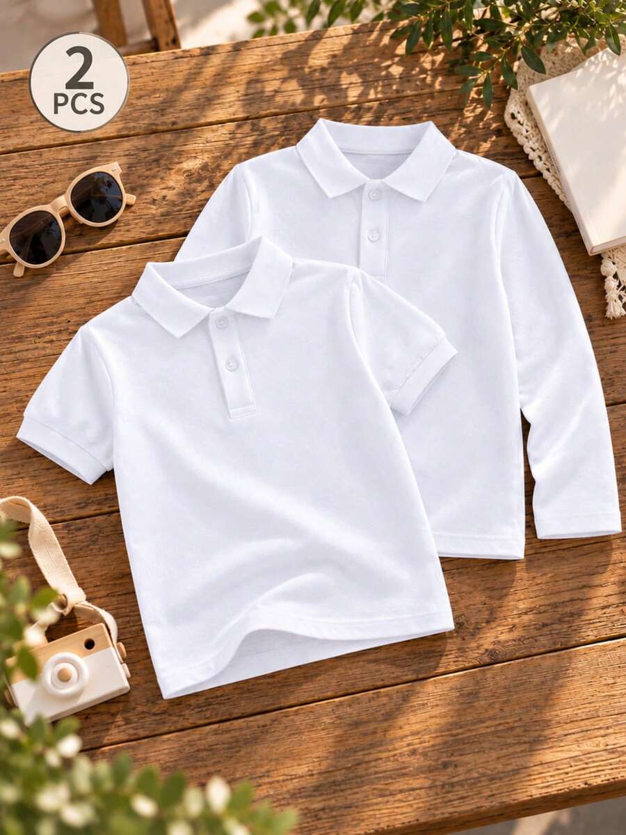 2pcs/Set White Short Sleeve And Long Sleeve Polo Shirts For Boys And Girls, Classic School Uniform Tops, Suitable For Back To School, Daily Wear And Group Activities - White - View 1