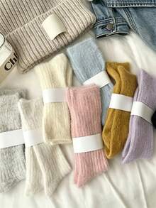 1/3/6 Pairs Solid Color Polka Dot Woolen Fuzzy Women Socks, Long/Mid-Calf Thick Warm Autumn/Winter Ins Style Slouch Socks - Multicolor - View 10