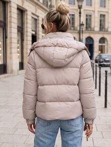 Women's Quilted Puffer Jacket With Detachable Hood, Zip Front And Side Pockets - Beige - View 3