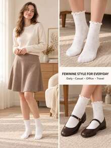 1/3/5 Pairs, Random Colors,Women's Polka Dot Ruffle Crew Socks, Cute Lettuce Trim Knit Socks For Mary Janes & Loafers - Multicolor - View 5