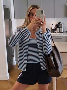 Fall/Winter Striped Long Sleeve Knit Cardigan & Vest 2 Pieces Casual Set For Women - Blue - View 9