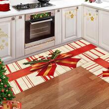1pc Christmas Series Red & Gold Bow Holly Pattern Printed Faux Cashmere Surface TPR Bottom Door Mat, Bathroom Mat, Kitchen Mat, Laundry Room Mat, Holiday Atmosphere Decor, Home Decor, Party Decor, Wedding Decor, Dining & Kitchen Decor - Multicolor - View 4