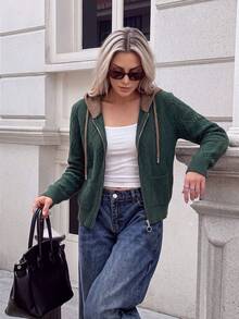Women's Colorblock Hooded Zip-Up Knit Cardigan, New Autumn/Winter Style, Dark Green Argyle Jacquard Fabric With Brown Hood Trim And Drawstring, Round Ring Zipper + Dual Side Pockets Design, Ribbed Hem, Loose Casual Fit For Daily Wear, Outings And Commuting - Dark Green - View 4