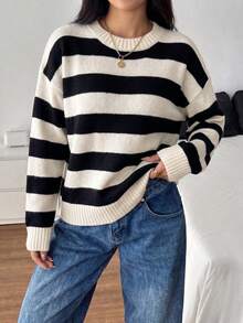 Women's Round Neck Striped Knit Sweater, Drop Shoulder Loose Fit Vintage Pullover Top, Suitable For Campus, Party And Daily Occasions - Black and White - View 4
