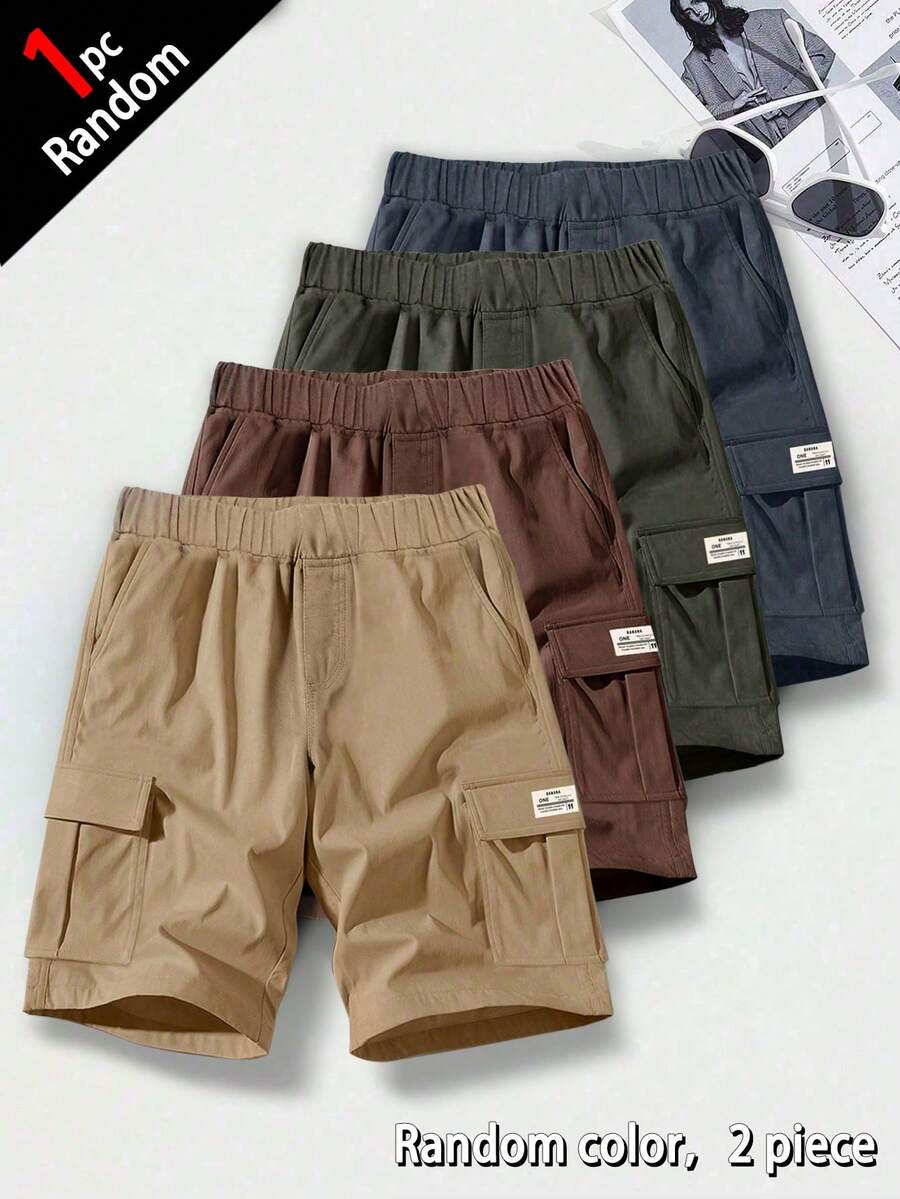 [1pc Random]1pc Boys' Casual Summer Sports Outdoor Pocket Fashion Personalized Minimalist Cargo Shorts, Spring/Autumn - Khaki - View 1