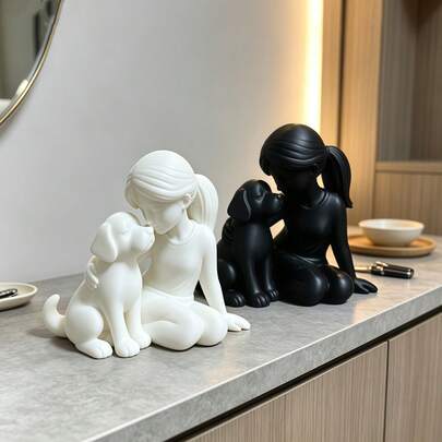 1pc Black/White Human & Dog Warm Figurine, Minimalist Style, Cozy Room Decor, Perfect Gift For Dog Lovers And Best Friends, Suitable For Valentine's Day, Christmas, Back To School, Home And Office Scenes, PLA 3D Printed, Desktop Decoration, Also Suitable As A Surprise Gift For Dog Lovers