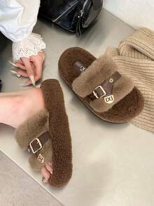 女款新款冬季厚底毛絨拖鞋，戶外穿著秋季仙女風鬆弛增高居家室內辦公拖鞋，春秋款 - 卡其色 - 查看 3