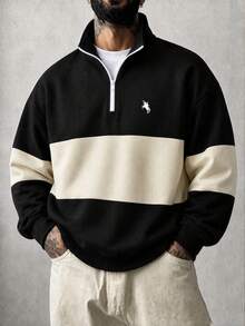 Men's Spring/Autumn Fashion Minimalist Pony Print Patchwork Colorblock Zip-Up Sweatshirt - Black - View 2