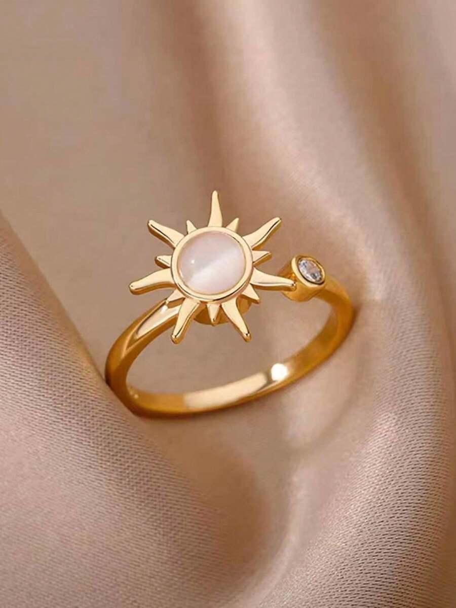 1pc European & American New Bohemian Style Unique Niche Ins Minimalist Sunflower Rotating Open Ring For Women - Yellow Gold - View 1