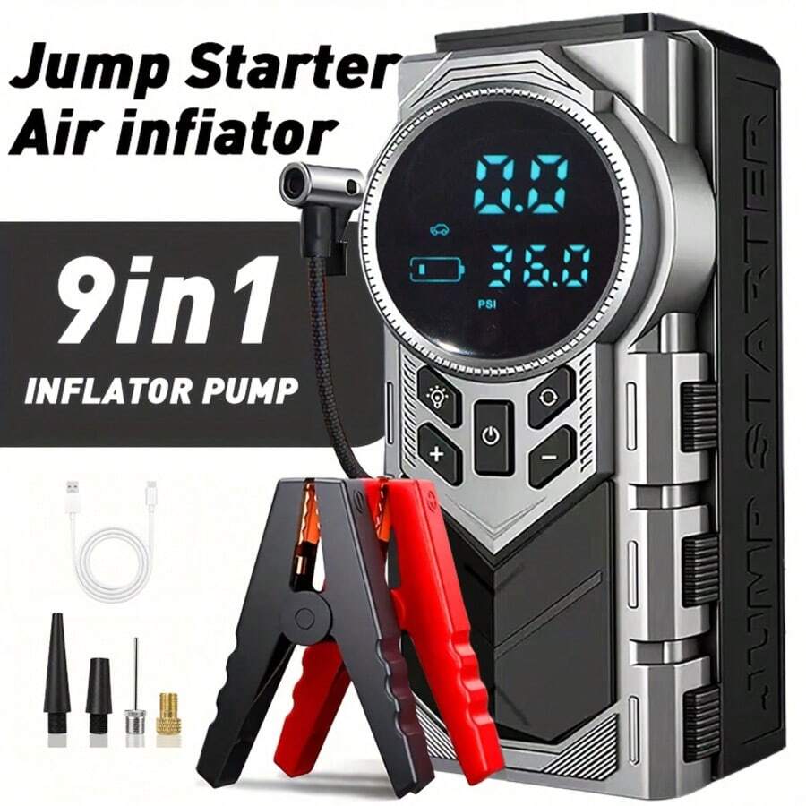 jkuoo Portable Heavy Duty Car Emergency Jump Starter Pump, 180PSI Digital Tire Pressure Gauge & Compressor, Multi-Function Car Emergency Kit, Built-In Large Capacity Battery - Suitable For Gasoline Or Electric Vehicles, Equipped With Multiple Adapters, LED Flashlight.