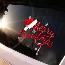 Merry Christmas Car Rear Window Vinyl Sticker, Santa Hat Candy Cane Snowflake Design, Waterproof Self-Adhesive Car Decal, Festive Xmas Holiday Auto Window Decoration, Christmas Car Accessories - Z - View 6