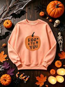 1PCS Halloween Unisex Orange Crewneck Pullover, Hand-Painted Pumpkin Halloween Text Print Top, Suitable For Boys And Girls At Halloween Parties - Hami Melon Orange - View 2