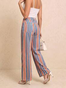 Multi-Color Vertical Striped Decor Denim Straight Leg Pants Women's High Street Style Casual Daily Long Bottoms - Multicolor - View 5