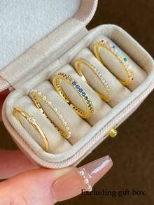 5pcs Minimalist Personalized Cubic Zirconia Colorful Ring Set, Suitable For Women's Daily Casual Wear And Gatherings (No Gift Box) - Yellow Gold - View 3