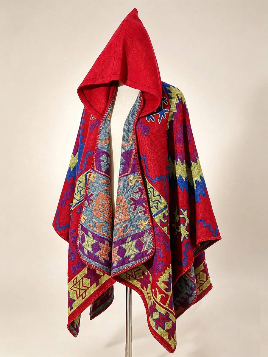 1pc Vintage Casual Geometric Pattern Hooded Cape Shawl - Multicolor - View 1