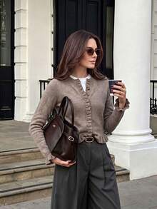 French Gentle Style Ruffle Trim Knitted Cardigan For Women, Early Autumn Short Cropped Gold Button Waist-Cinching Slimming Sweater Jacket, Versatile For Daily Commute And Date - Khaki - View 2