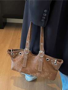 Tas Selempang Suede Kapasitas Besar Musim Gugur/Dingin Vintage, Tas Tote Minimalis, Tas Bahu Serbaguna untuk Bepergian - Coklat - View 7