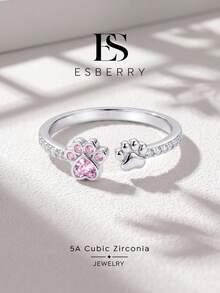 1pc Cute Sweet Claw-Set Pink Diamond Open Ring, Suitable For Daily Wear Or Party, Exquisite Jewelry Gift Or Birthday Gift - Cute Paw Pink Diamond Ring - View 1