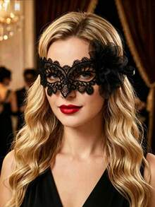 1pc Women's Lace Mask, Solid Color Butterfly Floral Vintage Sexy Party Masquerade Half Face Mask, Suitable For All Seasons - A - View 2