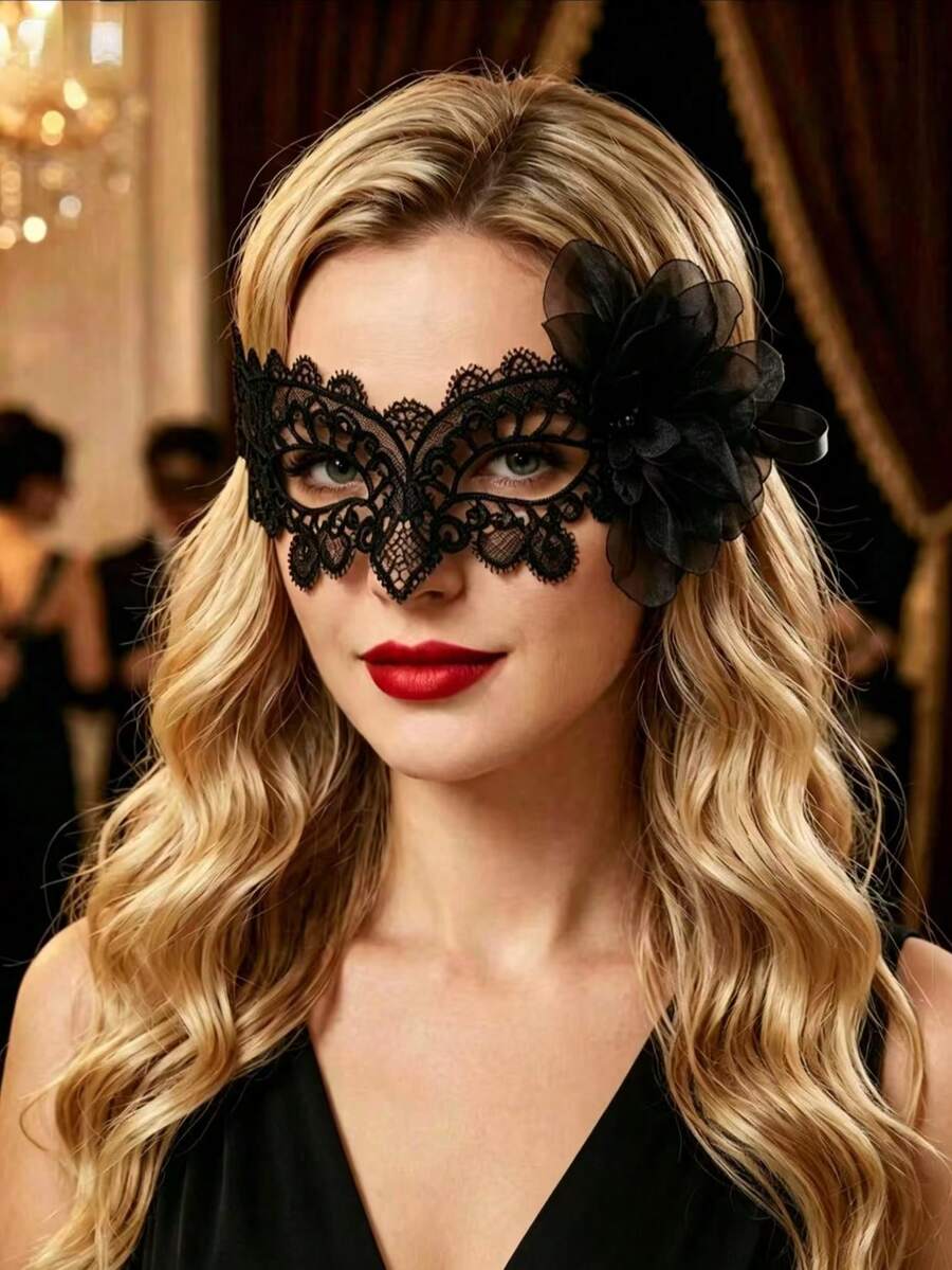 قطعة واحدة قناع دانتيل للنساء، قناع نصف الوجه بلون موحد بتصميم فراشة وزهور عتيق مثير للحفلات التنكرية، مناسب لجميع الفصول، هالوين - A - مشاهدة 1