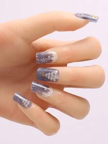 Autumn/Winter Christmas Semi-Cured Gel Nail Stickers, Blue-Grey Gradient Snowflake & Christmas Tree Pattern Press-On Nails, 20pcs Set With Nail Lamp, Nail File & Tool Kit - Multicolor - View 6