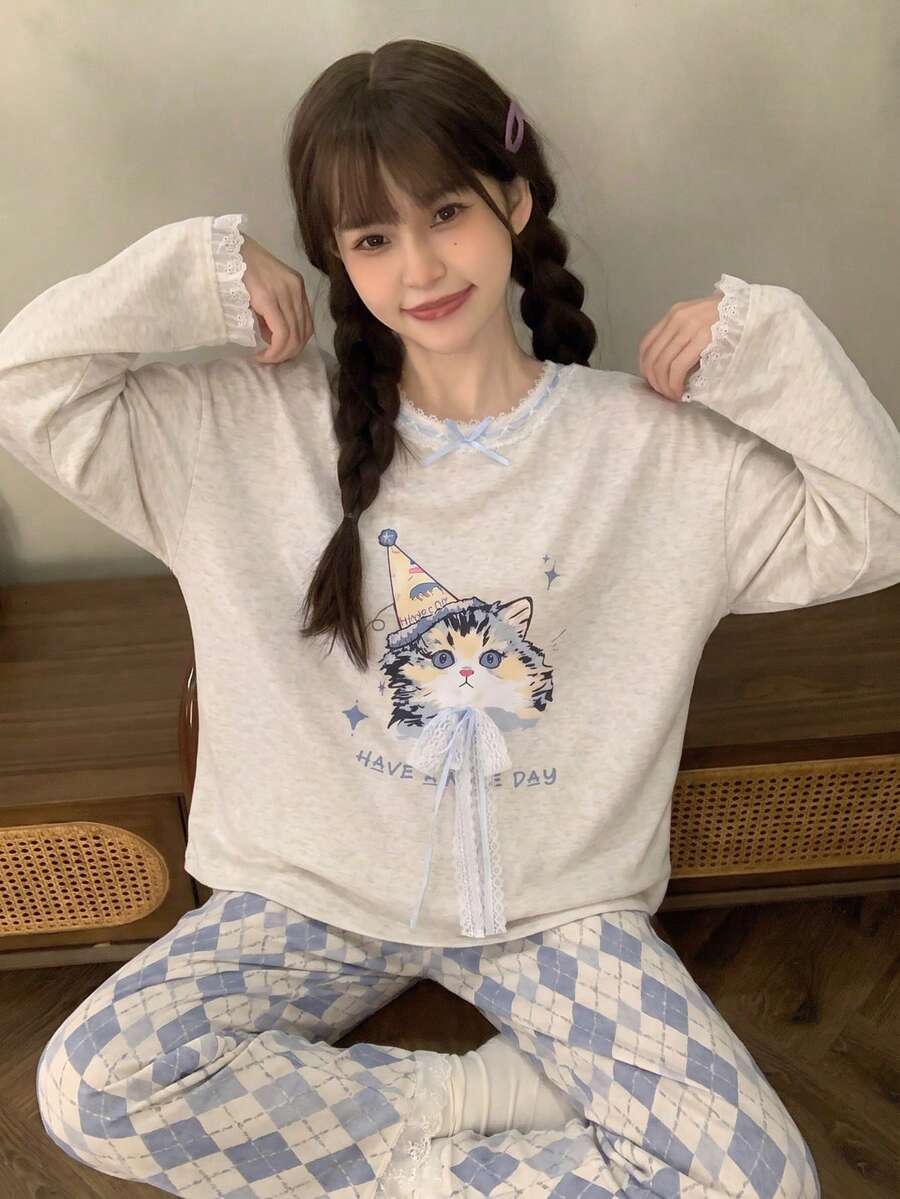 2pcs/Set Women's Pajamas Loungewear Set, Round Neck Pullover Cute Cat Print Long Sleeve Pants, Easy Care Fabric - Light Grey - View 1