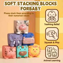 Baby Building Blocks, 6pcs Soft Squeezable Stacking Blocks Toy, Suitable For Babies 6 Months+, Animal Shapes, Textured Educational Chewing Teething Puzzle Blocks Set - Multicolor - View 4