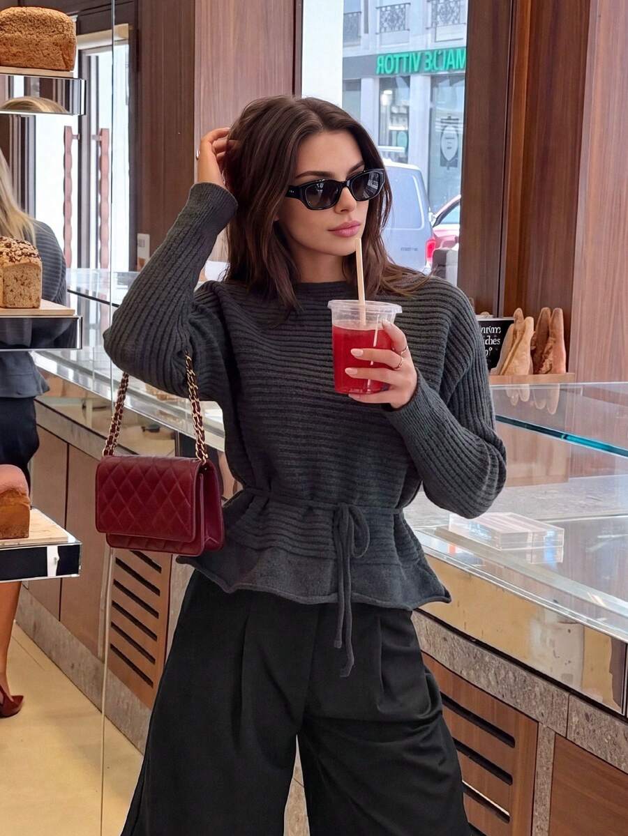 2026 Early Autumn New Dark Gray Cinched Waist Knit Top, Square Neck Ribbed Texture + Belt Ruffle Design, Suitable For Daily Commute And Casual Outings, Basic Style With Effortless Sophisticated Look - Grey - View 1