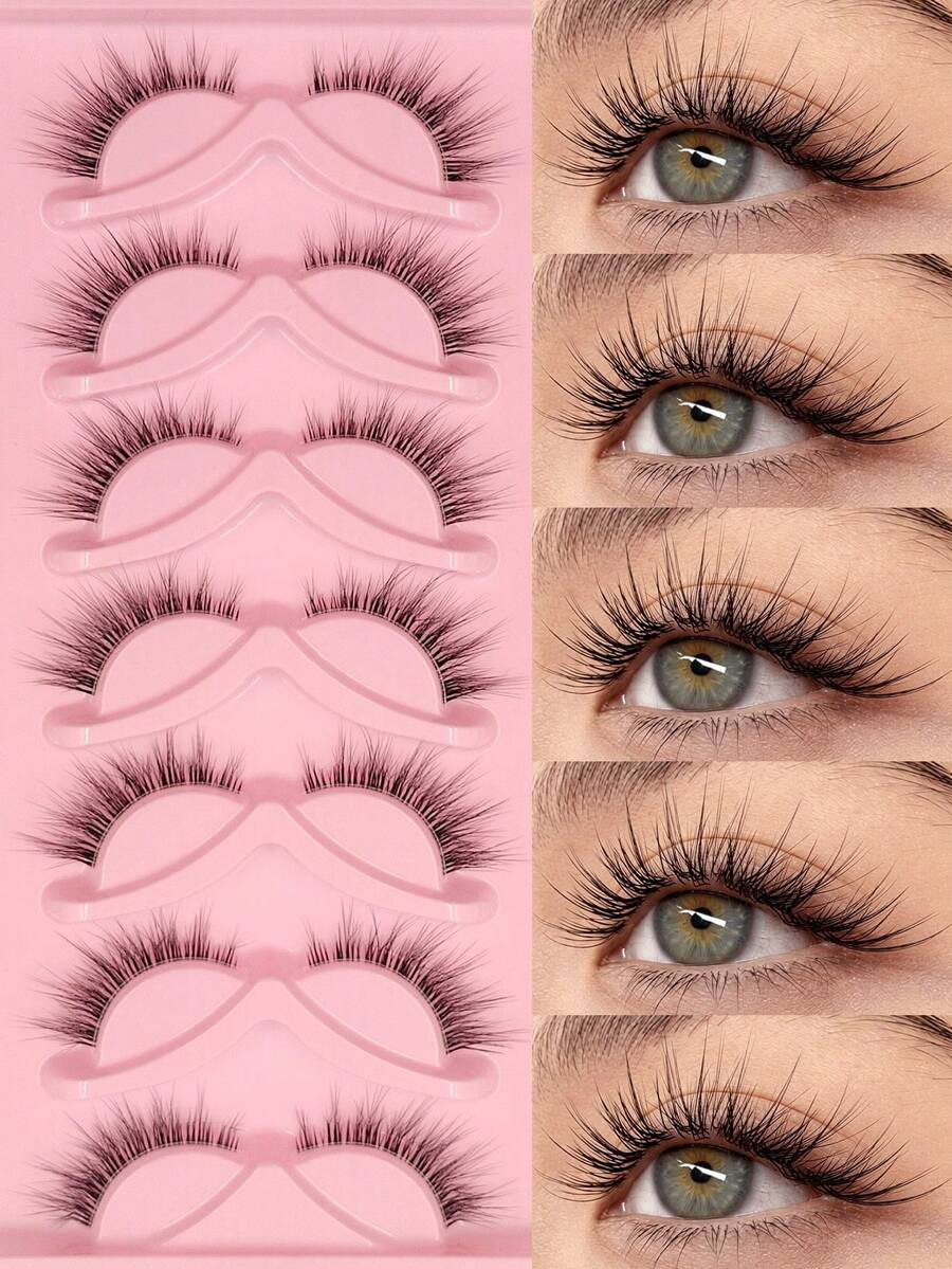 Sibeuna 7 Pairs Natural L-Shaped False Eyelashes, Cat Eye Style, Fluffy Transparent Stem Angel Lashes, Suitable For Inner Corner Eye Shape And Deep Eye Socket Eye Shape - Black - View 1