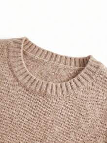 Women's Fall Winter Camel Soft Fuzzy Knit Crew Neck Long Sleeve Sweater, Drop Shoulder Curved High Low Hem Oversized Casual Daily Work Commute Wear - Flower-colored - View 8