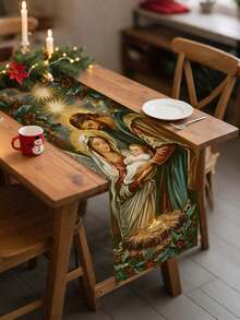 1PC Polyester Christmas Nativity Scene & Holly Berry Pattern Rectangular Table Runner, Religious Holiday Style 100% Polyester Table Runner With Vibrant Holy Family & Star Details, Wrinkle-Resistant & Easy To Wash - A - View 4