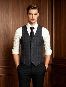 Men's Double Plaid Sleeveless Suit Vest, Formal Single Breasted Waistcoat, Suitable For Occasions - Grey - View 7