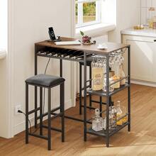 Mesa Alta Tipo Bar 92x50x93 Cm con 2 Bancos |   Estilo Rústico |   Mesa con Porta Copas para Sala O Departamento |   Mesa con Vinoteca |   Mesa con 2 Bancos - Camel - Ver 1
