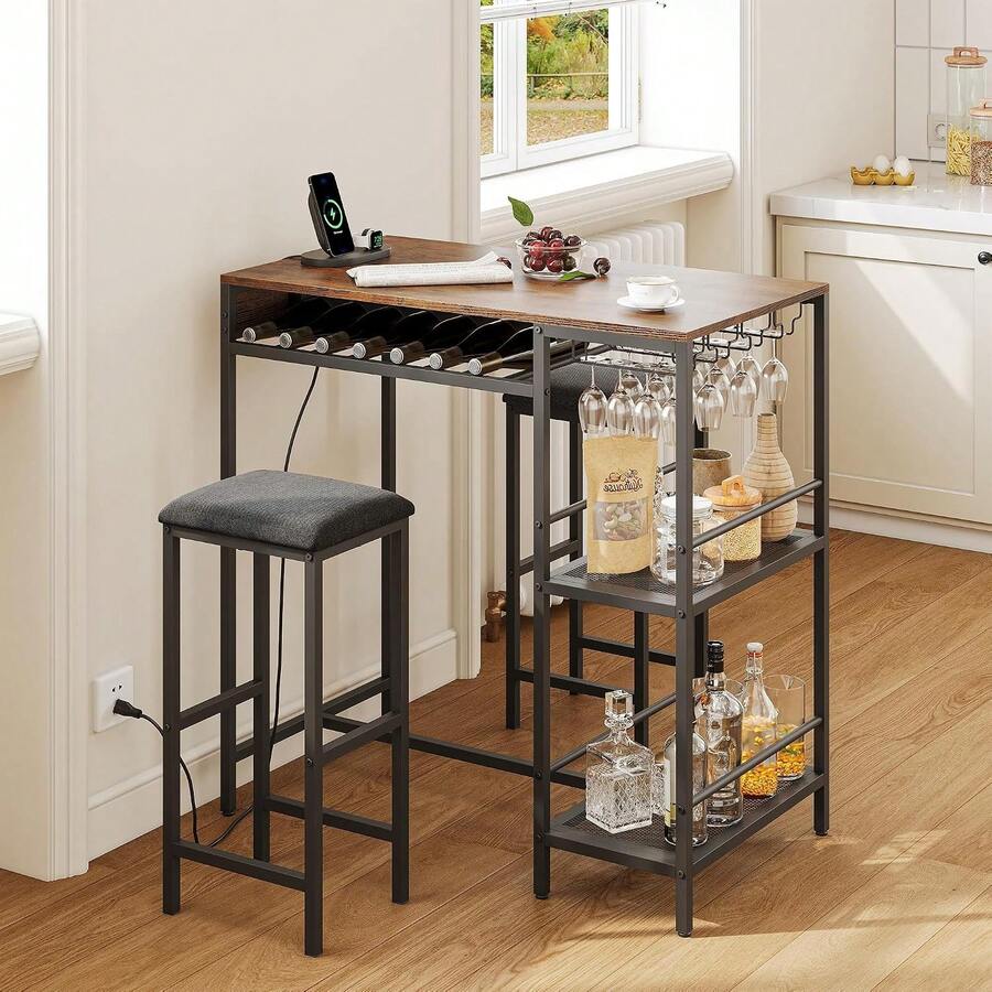 Mesa Alta Tipo Bar 92x50x93 Cm con 2 Bancos | Estilo Rústico | Mesa con Porta Copas para Sala O Departamento | Mesa con Vinoteca | Mesa con 2 Bancos - Camel - Ver 1