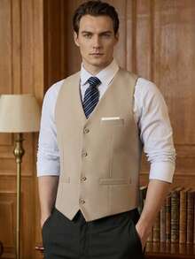 Men's Solid Color Formal Suit Vest, Wide Pocket Design, Business Wedding Party Suit Set, Pair With Men's Suit - Champagne - View 8