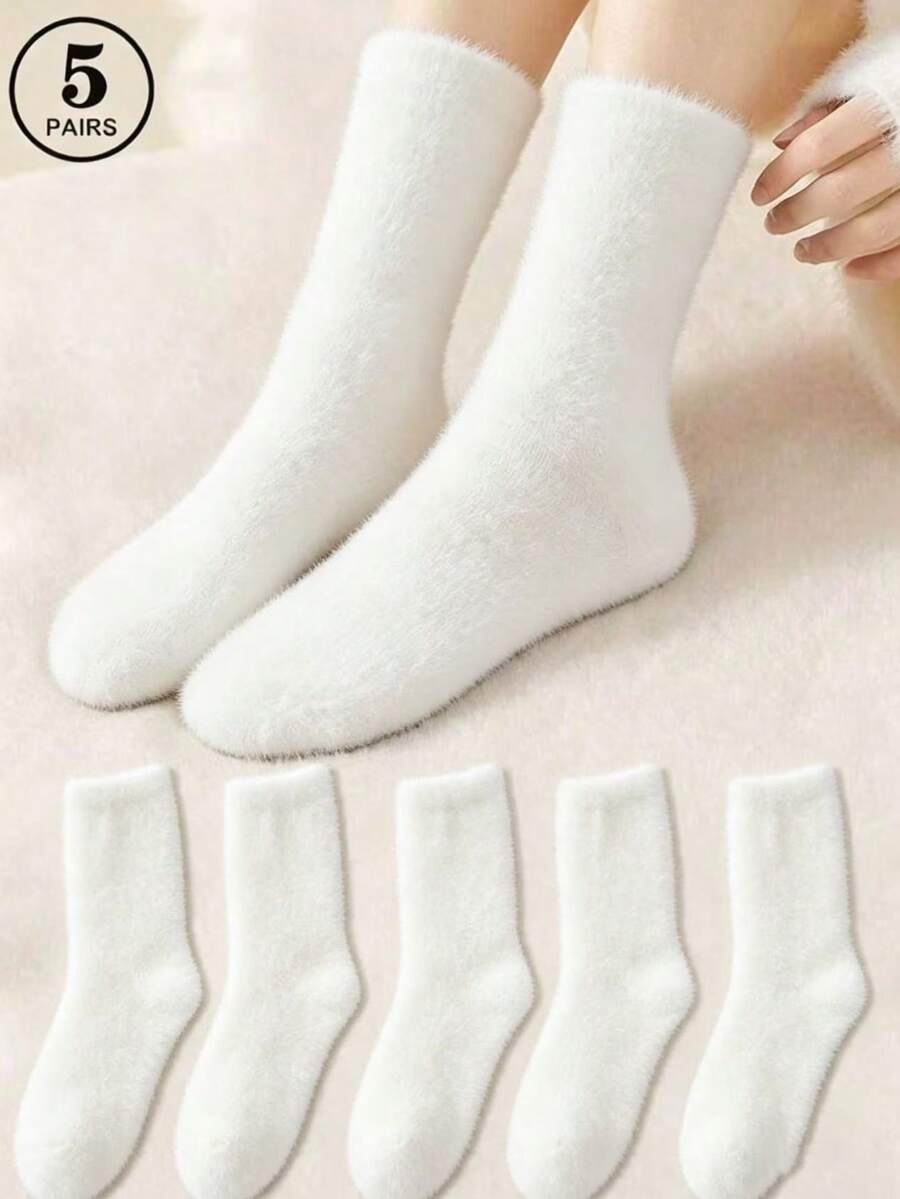 5 Pairs Solid Color Faux Fur Warm Cozy Mid-Calf Socks For Women, Autumn/Winter - White - View 1
