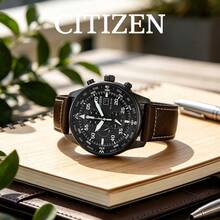 CITIZEN Men's -Drive Chronograph Watch Matte Black Case Direction Compass Markings Multi Sub-Dials Date Display Vintage Brown Stitched Leather Strap - Brown - View 5