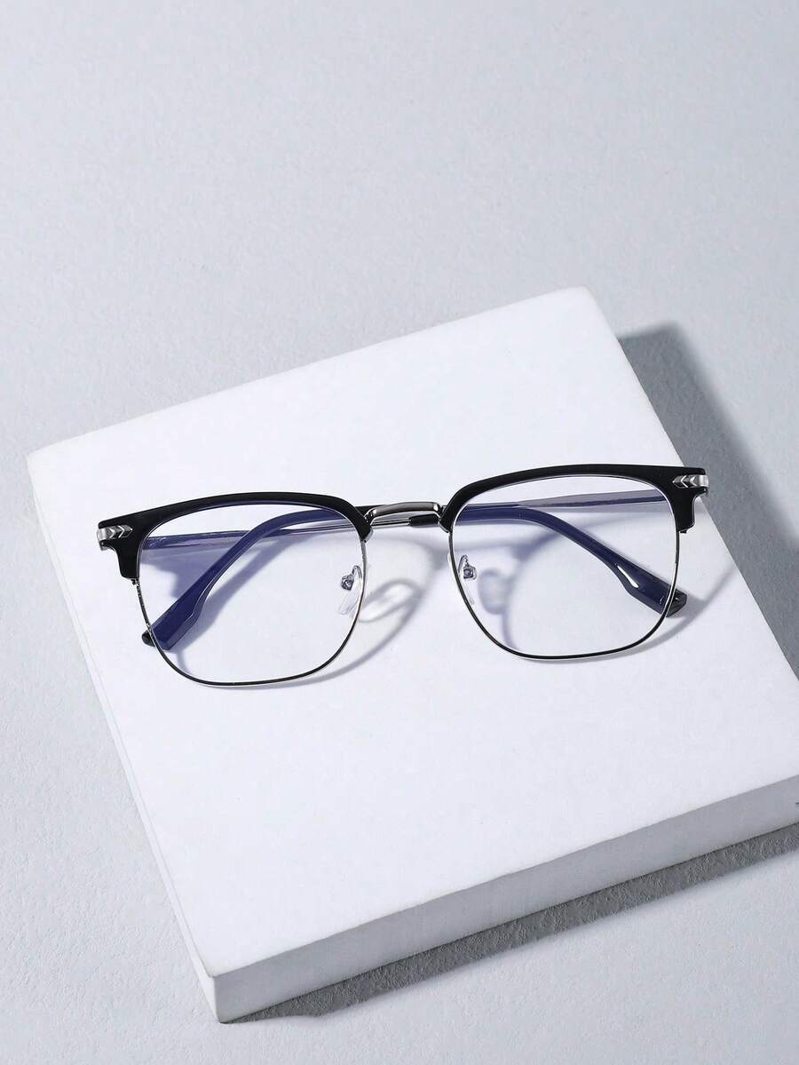 1 Pair Men's Metal Half-Frame Square Glasses, Casual Lightweight Transparent Glasses, Suitable For Daily Wear, Decoration And Travel - Clear - View 1