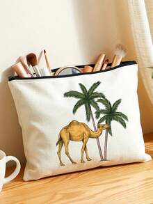 Date Palm Tree Camel Print Makeup Bag, Portable Zipper Cosmetic Pouch, Desert Style Travel Toiletry Storage Bag For Women,Middle Eastern Style,Boho Desert Pattern,Arabic Style, Lightweight, Multi‑Purpose, Gift For Her, Daily Cosmetic Storage - Multicolor - View 3