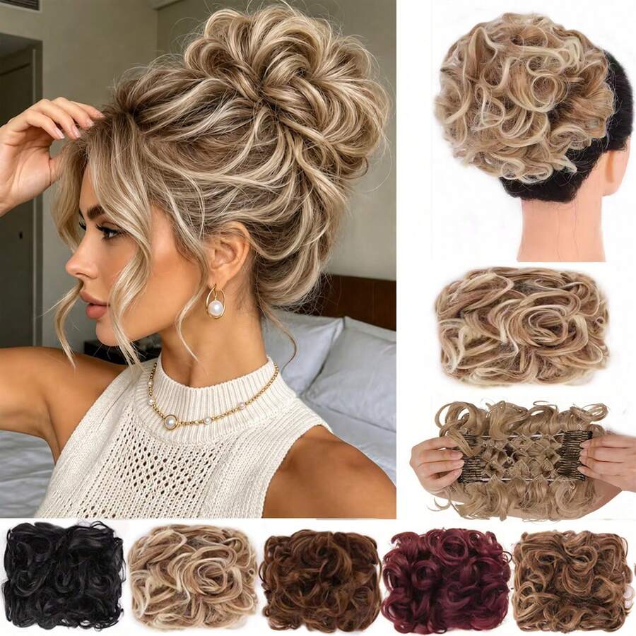 Moño de novia sintético grande y desordenado con rizos, chignon con peine y clips, funda para coleta, extensión de coleta de cabello sintético natural falso - Multicolor - Ver 1