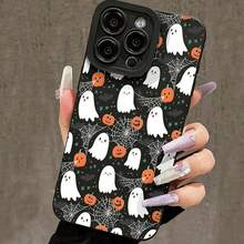 An American Halloween Cartoon Little Devil Phone Case Covered With White Ghost Pumpkin Spider Web Illustration TPU Soft Shell Compatible With Apple 17 Promax/11/12/13/14 Plus/15/16 Pro - Black - View 4