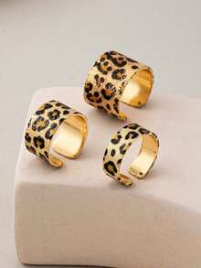 3pcs Fashionable Elegant Minimalist Leopard Print Open Ring Set, Suitable For Women's Daily Wear - Multicolor - View 4