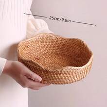 Handwoven Brown Round Rattan Storage Basket, Multi-Size UFO Shaped Fruit Bowl, Washable Desktop Organizer For Living Room, Kitchen, Office, Party Table Serving Tray For Candy, Snacks, Coffee & Bread, Jewelry, Stationery & Cosmetics, Christmas Gift - Yellow - View 14