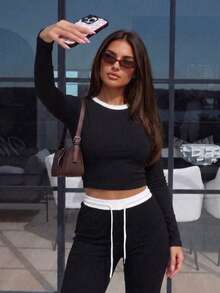 Striped Ribbed Knit 2 Pieces Set For Women, Round Neck Long Sleeve Top And High Waist Drawstring Flare Pants Casual Outfit - Black - View 3