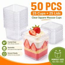 10/50pcs Clear Square Dessert Cups With Lids (25 Containers And 25 Lids), Christmas Food Containers, Mousse Cups, Suitable For Pudding, Mini Cakes, Parfaits, Fruit Cups, Snack Cups, Holiday Party Dessert Table - Multicolor - View 3