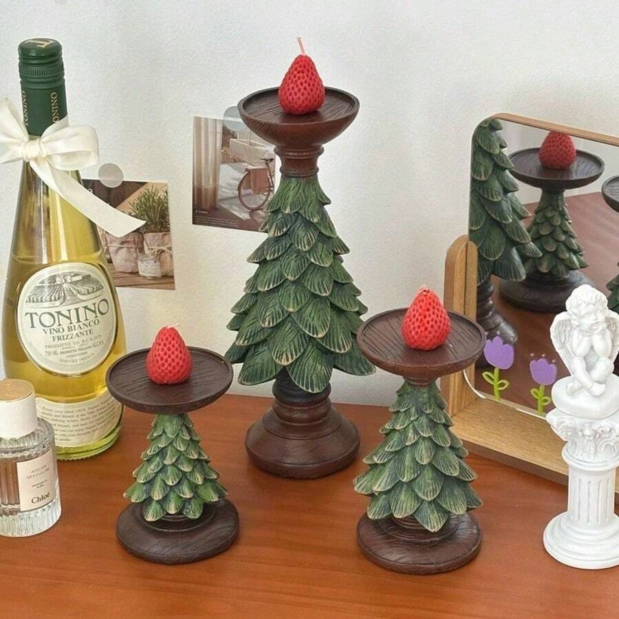 1pc Christmas Tree Candle Holder, Resin Holiday Candle Stand, Vintage Green & Brown Christmas Flat - A - View 1