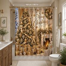 1pc/4pcs Gold Christmas Tree Pattern Multifunctional Bathroom Decor Shower Curtain Set Free 12 Hooks Premium Holiday Atmosphere Bathroom Mat U-Shaped Floor Mat And Round Toilet Lid Cover Suitable For All Scenes Decoration Bathroom Set - Gold Christmas Tree 3 - View 10