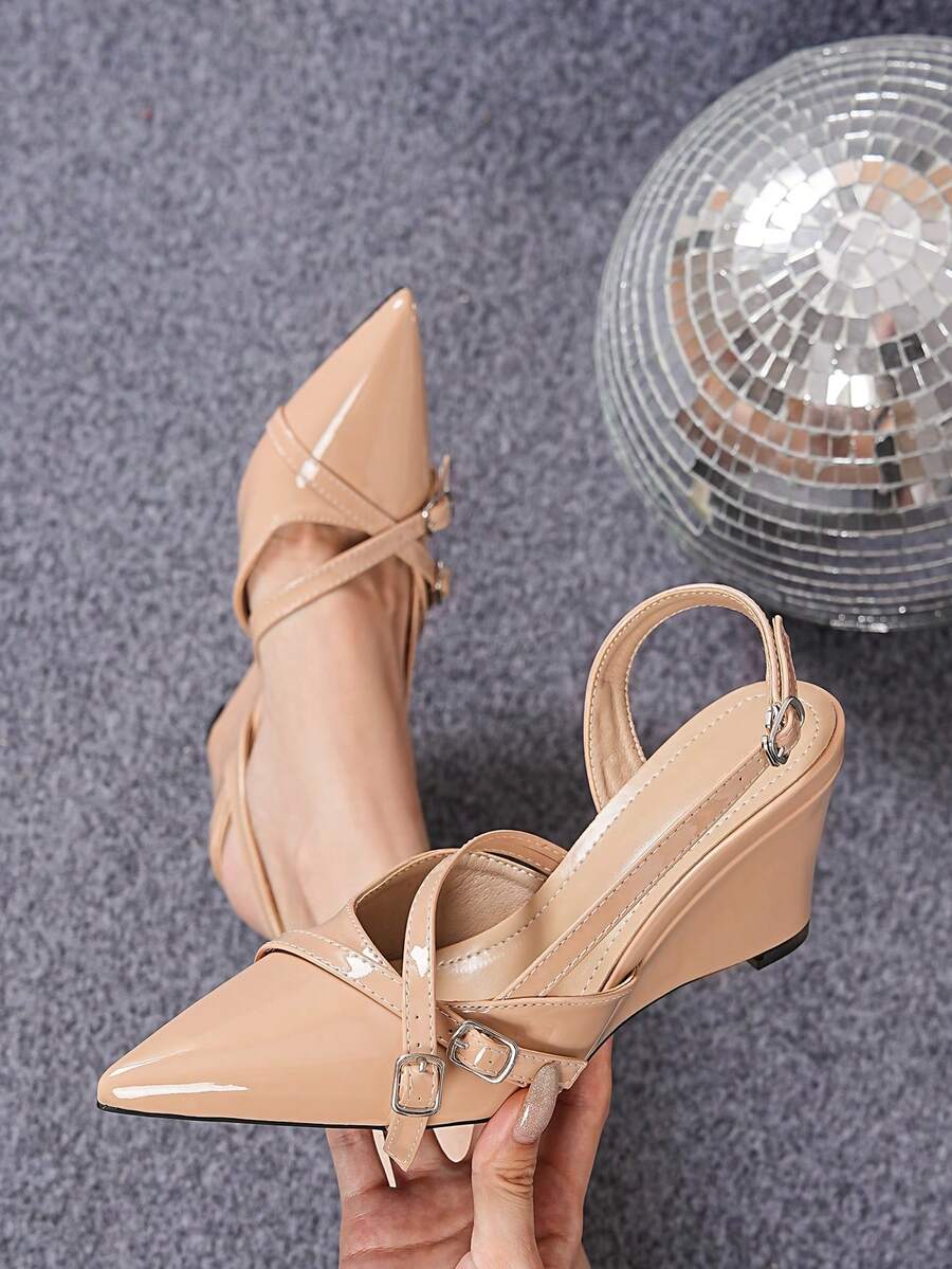 Women's Closed Toe Wedge Sandals 2026 New Style Nude Glossy PU High Heel Pointed Toe Elegant One Strap Slingback Pumps - Apricot - View 1