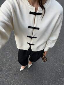 NOVELLE Women Chic White Fall Knit Cardigan, Frog Button Long Sleeve Crew Neck Cropped Sweater Coat, Casual Daily Street Outfit - White - View 4