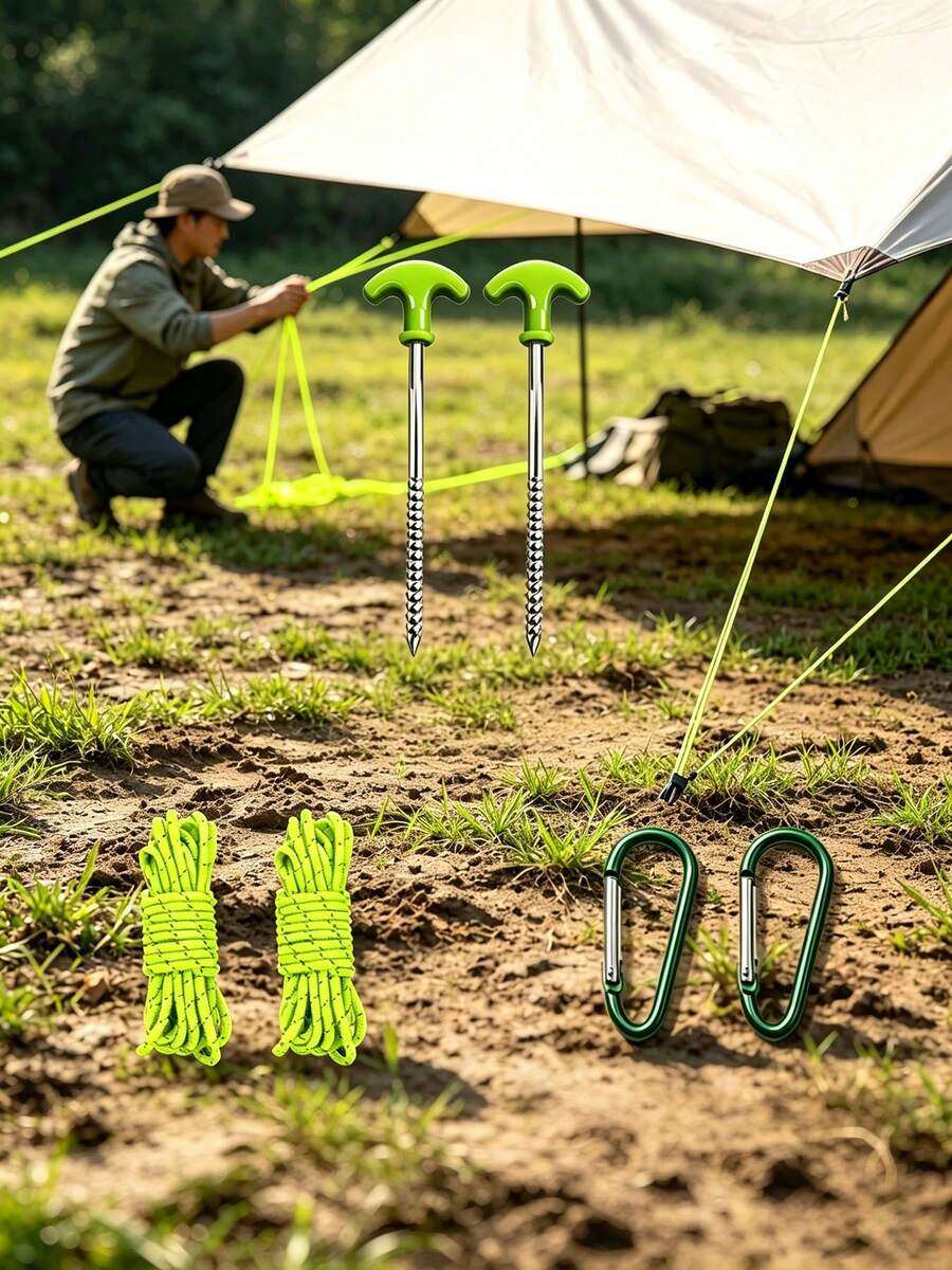 3PCS.6PCS. Spiral Tent Peg Hook Set | T-Handle Screw Tent Stakes With Guy Ropes And Hooks - Multicolor - View 1